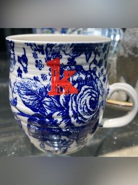 Anthropologie Monogram Mug – Letter K – Blue Floral Coffee Cup Cottagecore